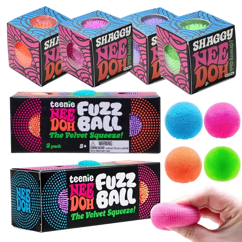 Teenie Needoh Fuzz Ball 3 Pack Mini Spiky Squeeze Toy Soft Burr Non-toxic Maltose Anxiety Relief Heal ADHD Sensory Calming Toy