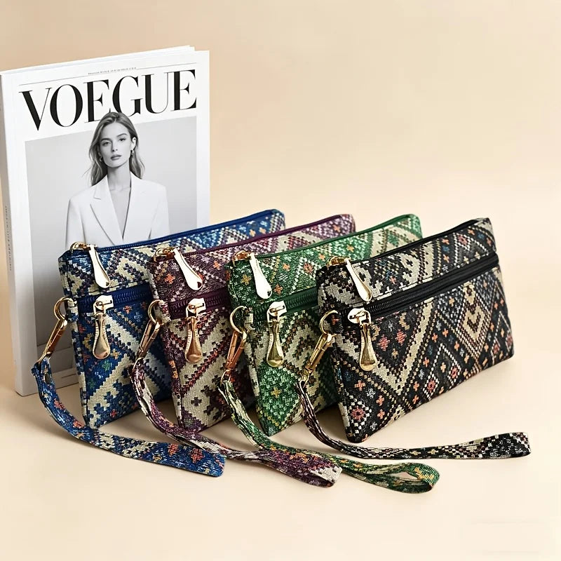 Ethnic Bohemian Chinese Style Womens Long Clutch Wallet Phone Pocket Portable Daily Travel Fashion Storage Hand Purse Accessory