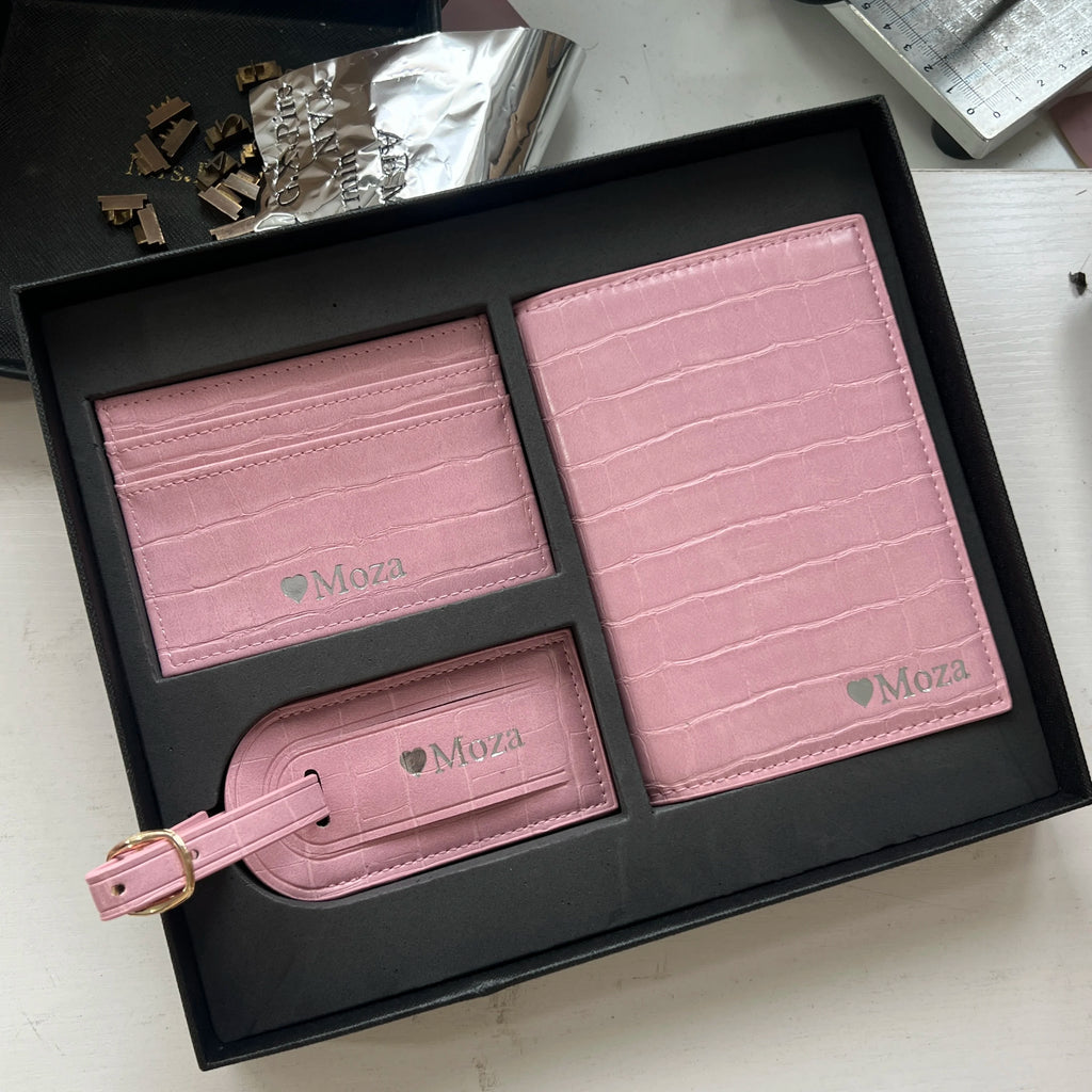Free Custom Name Initial Gift Box Set Crocodile Leather Passport Cover  Luggage Tag Cardholder Travel Accessories