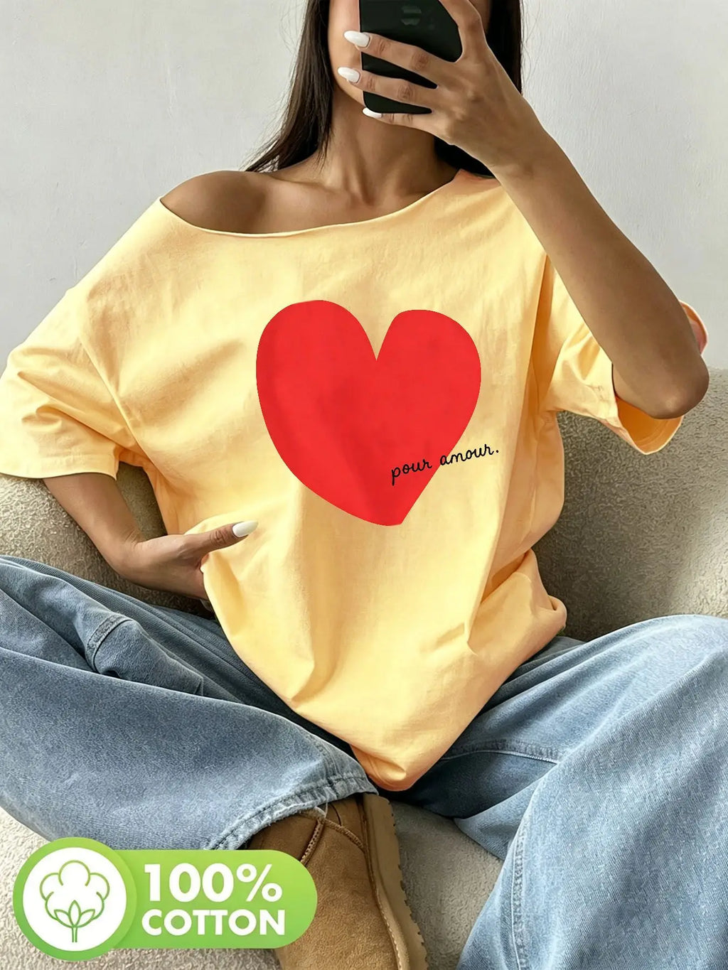 Plus Size Large Red Watercolor Heart Graphic Tee with Pour Aimer Text, Soft Handcrafted Feel, Y2K Oversized Loose Fit Summer