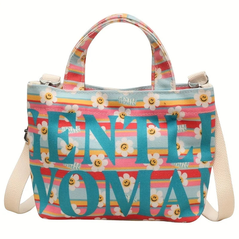 Mini Cute Canvas Crossbody Bag, Kawaii Cartoon Print Tote Shoulder Bag, Women's Fashion Handbags And Purses