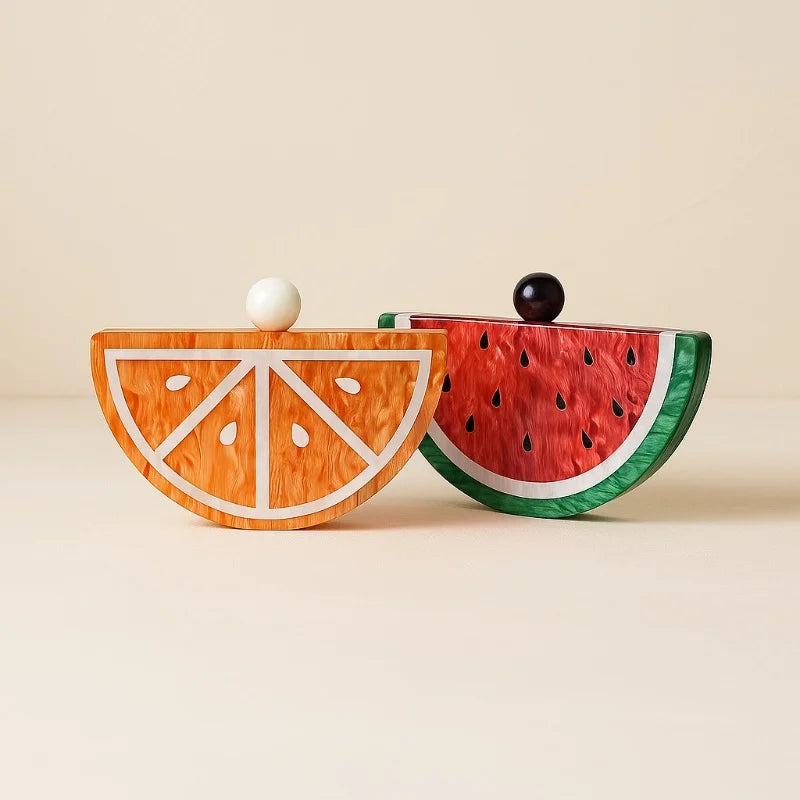 Women Acrylic Fruit Pattern Evening Clutch Bag Stylish Fan-shaped Chain Shoulder Crossbody Bag Watermelon Red Party Clutch Purse