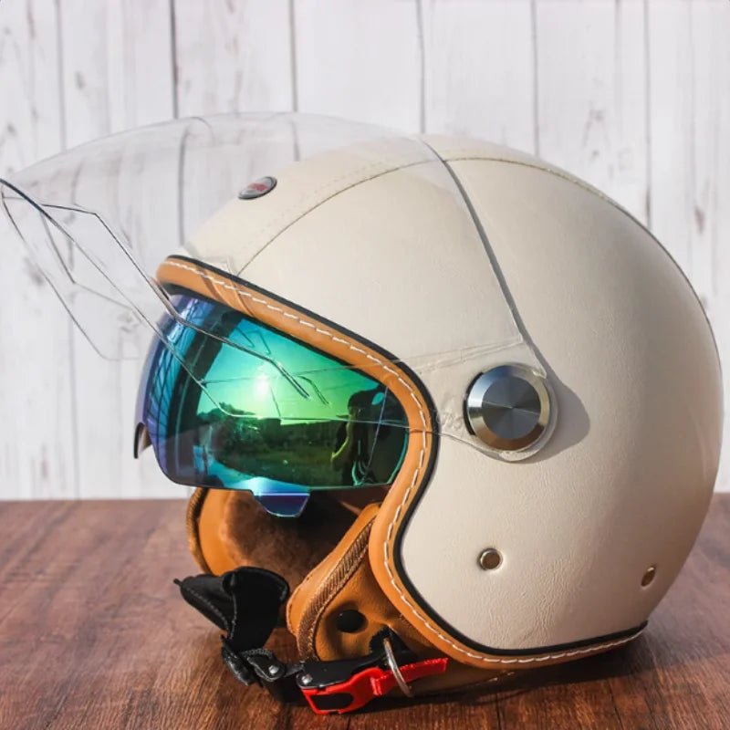 Brown Leather Original DOT ECE 3/4 Open Face Helmet MT Capacete Motorcycle Helmet JET Scooter Bike Half Helmets Cascos Para Moto