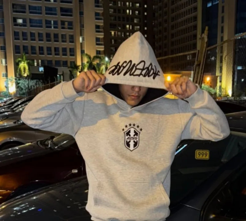 Y2K gray embroidered letters retro pullover hoodie casual American loose wide-leg pants hip-hop fashion high street sports suit