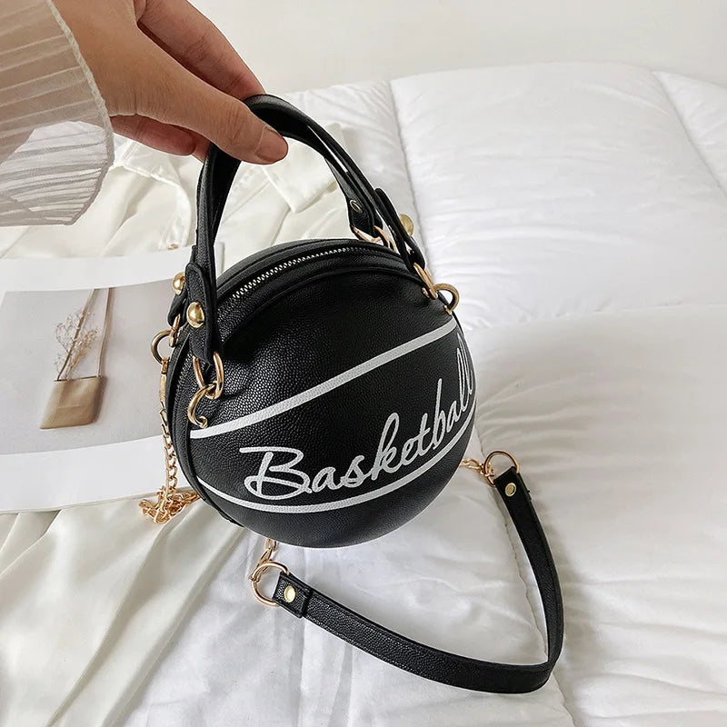 Basketball Shaped Crossbody Bag, Trendy Y2K Chain Shoulder Bag, PU Leather Top Handle Circle Purse Purses and Handbags Hand Bags