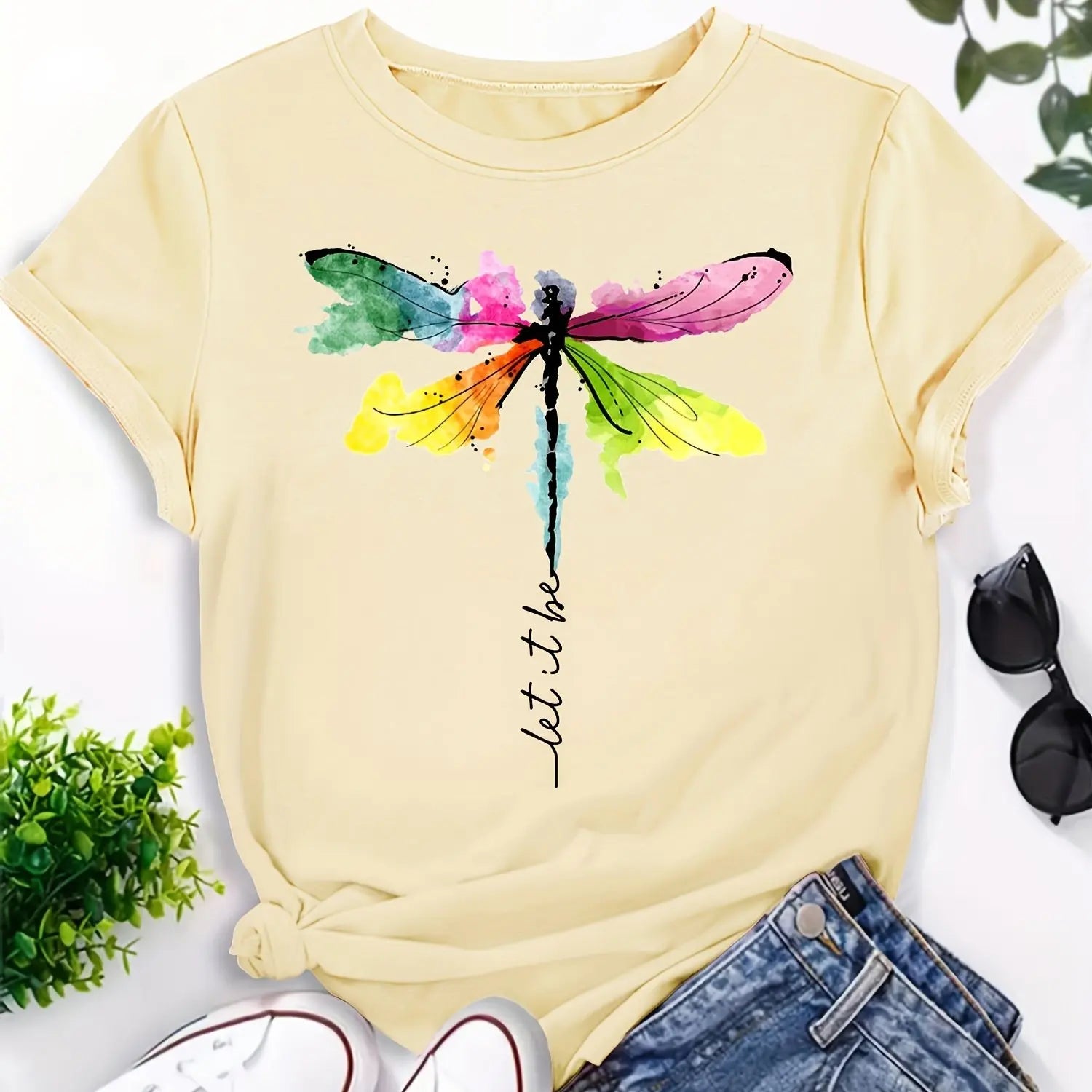 Dragonfly Print Crew Neck T-Shirt Casual Short Sleeve T-Shirt for Spring & Summer Women's Clothing Aesthetic Clothes Plus Size
