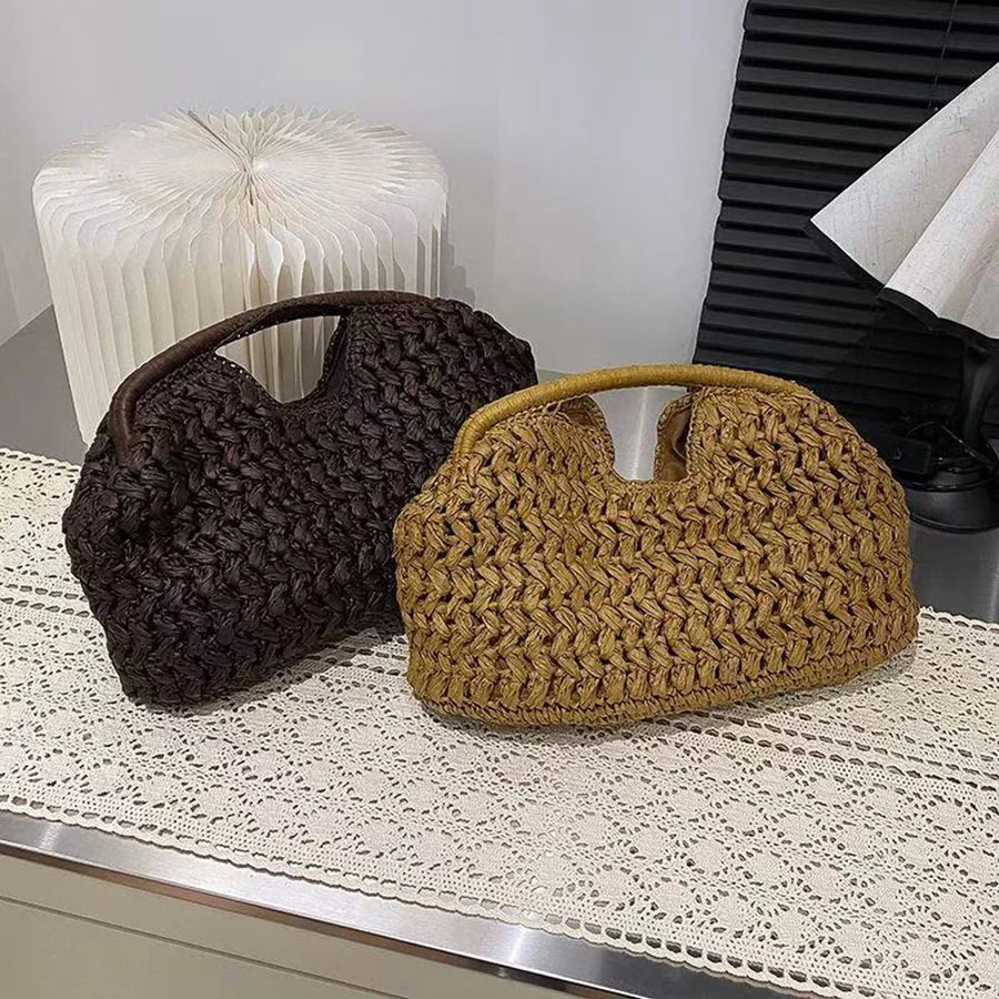 Natural Fiber Snap Clutch Bag,Spanish Seaside Women's Straw Woven Handbag,Summer Beach Travel Vacation Evening Elegant Purse