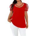 Plus Size Round Neck Mesh Puff Sleeve Pearl Cutout Red Curved Hem Blouse, Tee For Casual & Party Women