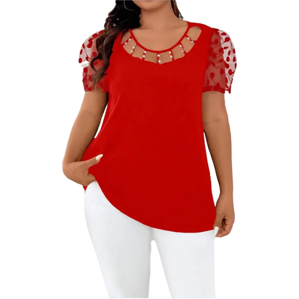 Plus Size Round Neck Mesh Puff Sleeve Pearl Cutout Red Curved Hem Blouse, Tee For Casual & Party Women