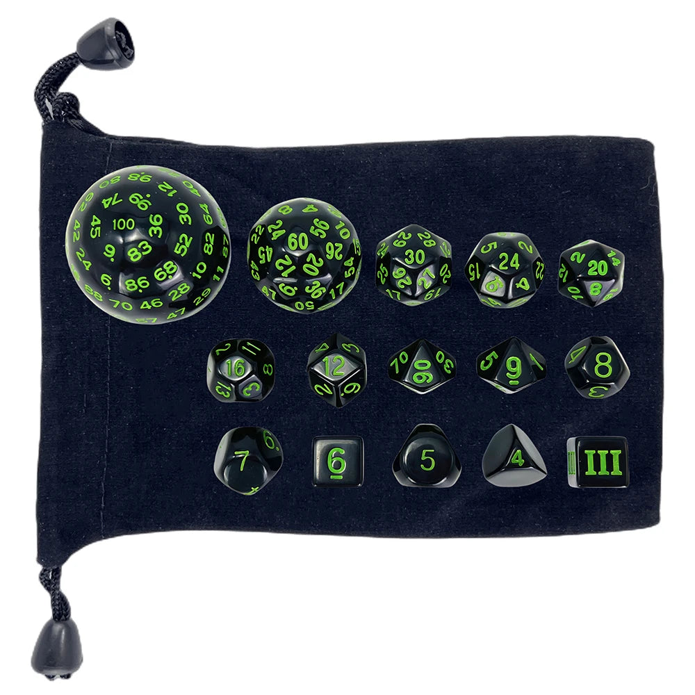 15 Pieces Acrylic Opaque Polyhedral Dice Set D3-D100 Game Dice with Velvet Dice Bag for DND Role Playing Table Games Party