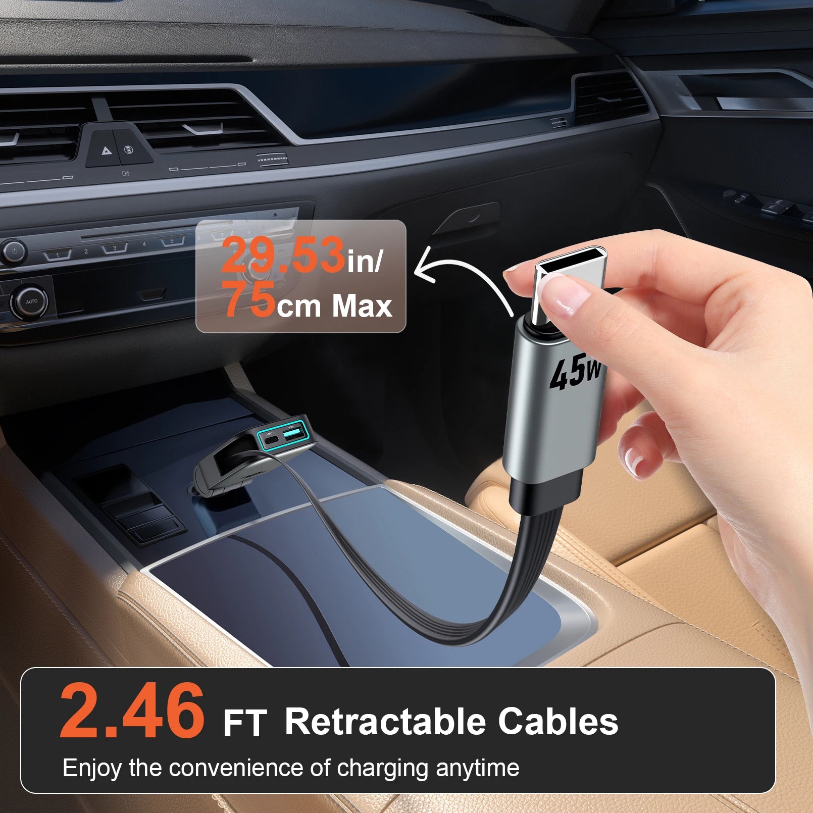 Car Charger Super Fast Charging One-to-Two Retractable Cable Car Cigarette Lighter Converter Compatible with Apple 17 and Huawei