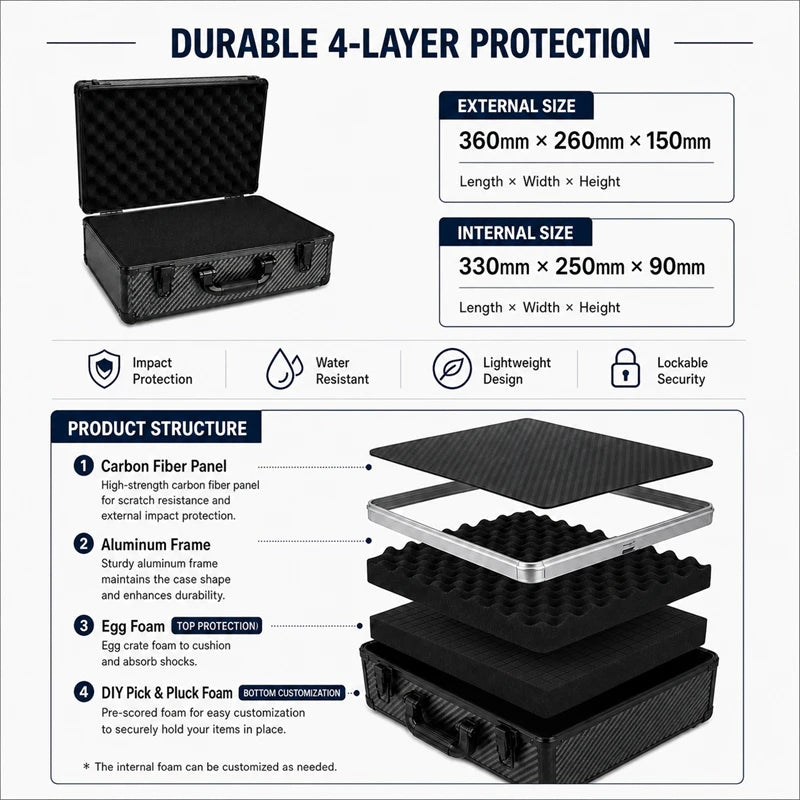 Heavy Duty Aluminum Tool Case with Foam Insert, Lockable Portable Storage Box for Mechanics, Electricians & Power Tools