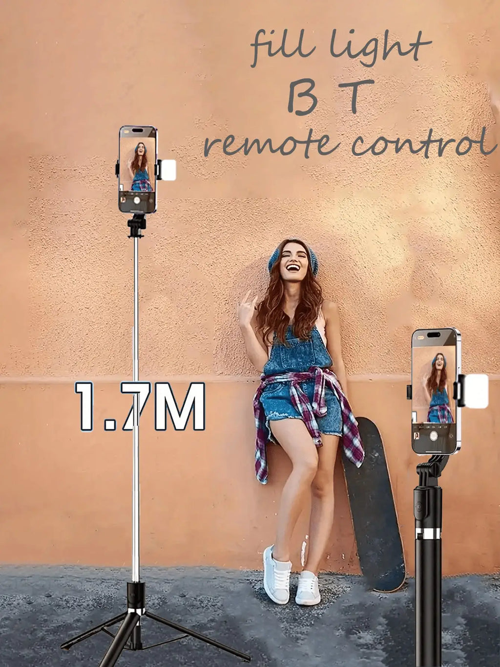 1.7M/66.9In Selfie Stick Tripod with Fill Light, Wireless Bluetooth Remote Control Aluminum Alloy Phone Stand, Foldable Portable Cell Phone Holder for Live Streaming Travel Group Photos
