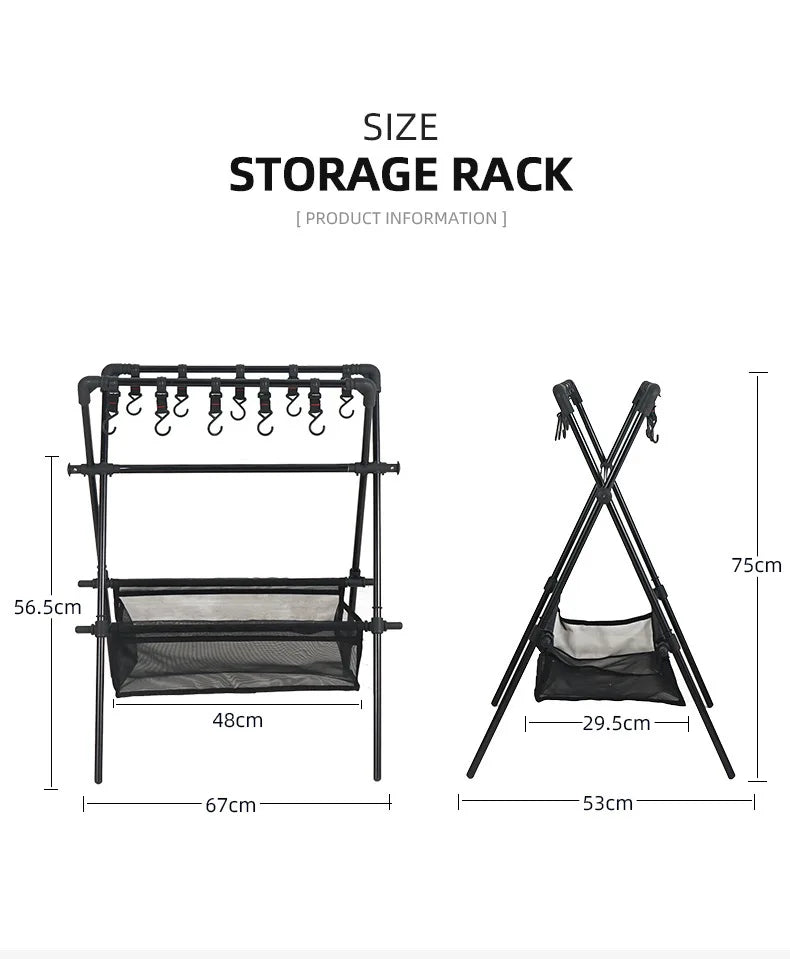 Camping Triangle Shelf Aluminum Alloy Folding Double-Layer Large Capacity with Hook Net Bag Outdoor Glamping Picnic Hanging Rack