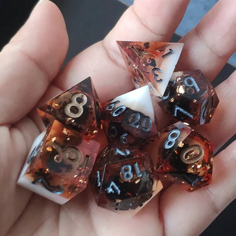 MINI PLANET Gold Sand Liquid Core Dice D&D Set Handmade Polyhedral Resin Dice With Sharp Edge For TRPG DND D6 D20 Dice Games