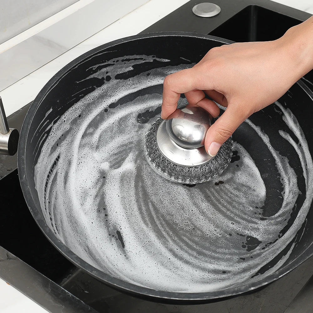 6-1Pcs Kitchen Stainless Steel Washing Brush Metal Sponge Scrubber With Handle For Dishes Pots Pans Grills Sink Cleaning Tools