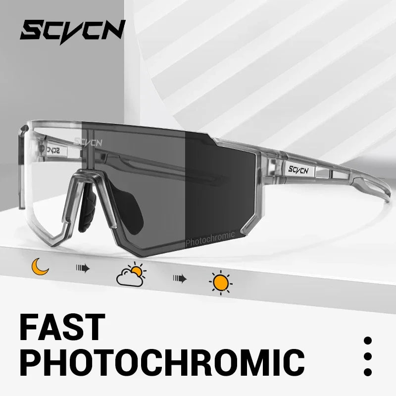 SCVCN UV400 HD Photochromic Hiking Glasses Sports Sunglasses Outdoor Road Fashion Cycling Glasses Windproof MTB Bike Sunglasses