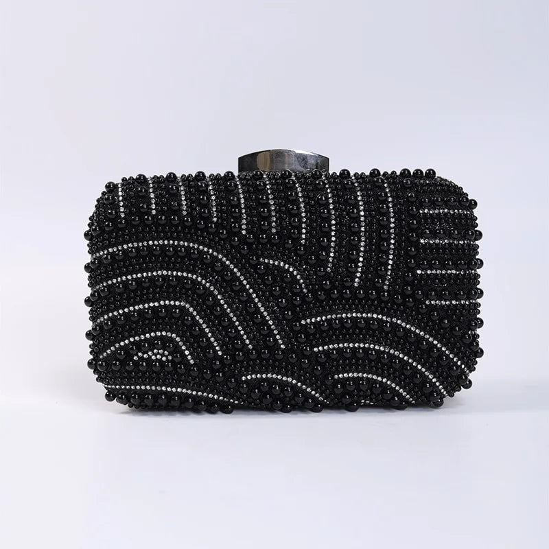 Ladies Pearl Elegant Evening Bag Fashionable Stylish Beading Wedding Dinner Party Banquet Dress Clutch Bag with Long Chain