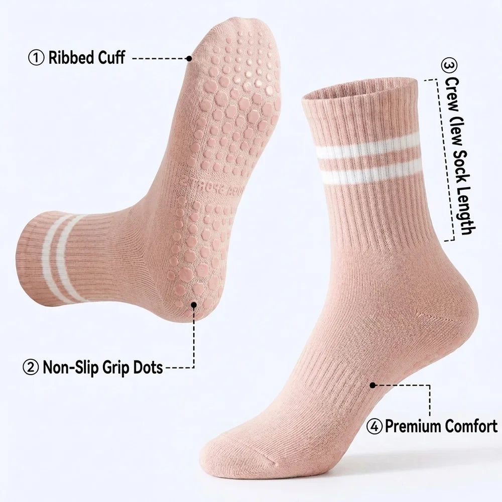3pairs  Grip Socks for Women, Non Slip Pilates Yoga Socks with Double Stripes Non Slip Socks for Workout, Ballet, Athletic Socks