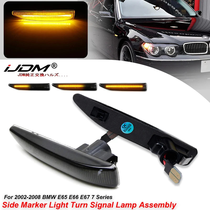 For BMW 7 Series E65 E66 E67 2001-2008 Clear & Smoked Lens LED Side Marker Lamp Fender Turn Signal Dynamic Amber Lights 12V T10