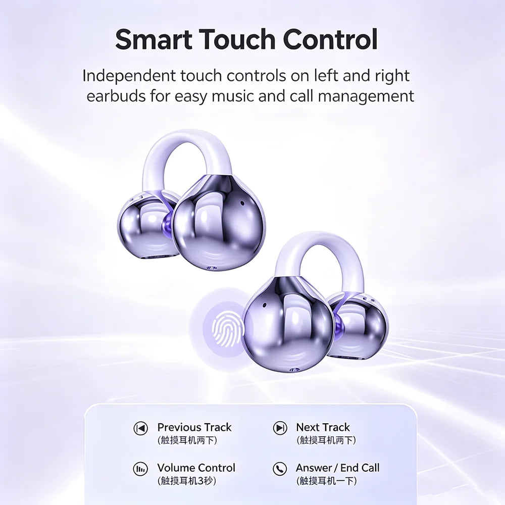 KEBIDUMEI Open Ear Bluetooth 5.4 Earphones Ear Clip Wireless Earbuds ENC Sports Noise Cancelling Headsets LED Display Headphones