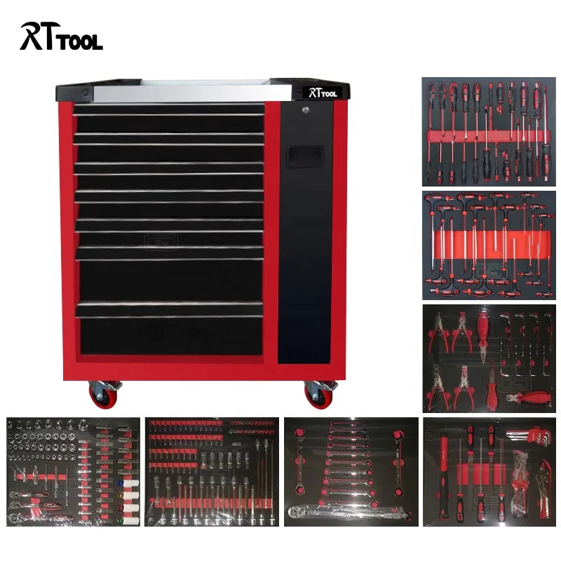 RTTOOL 266pcs Professional Vehicle Tools All Kinds With Tool Cabinet Workshop Trolley Cabinet Tool Chest Sets Competitive Price