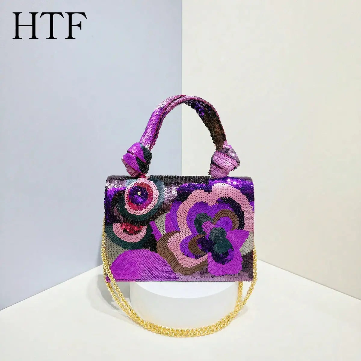 Fashion Sequin Embroidered Floral Design Party Wedding Evening Bag Women's Clutch Bag With Metal Chain Party Dress Evening Bag