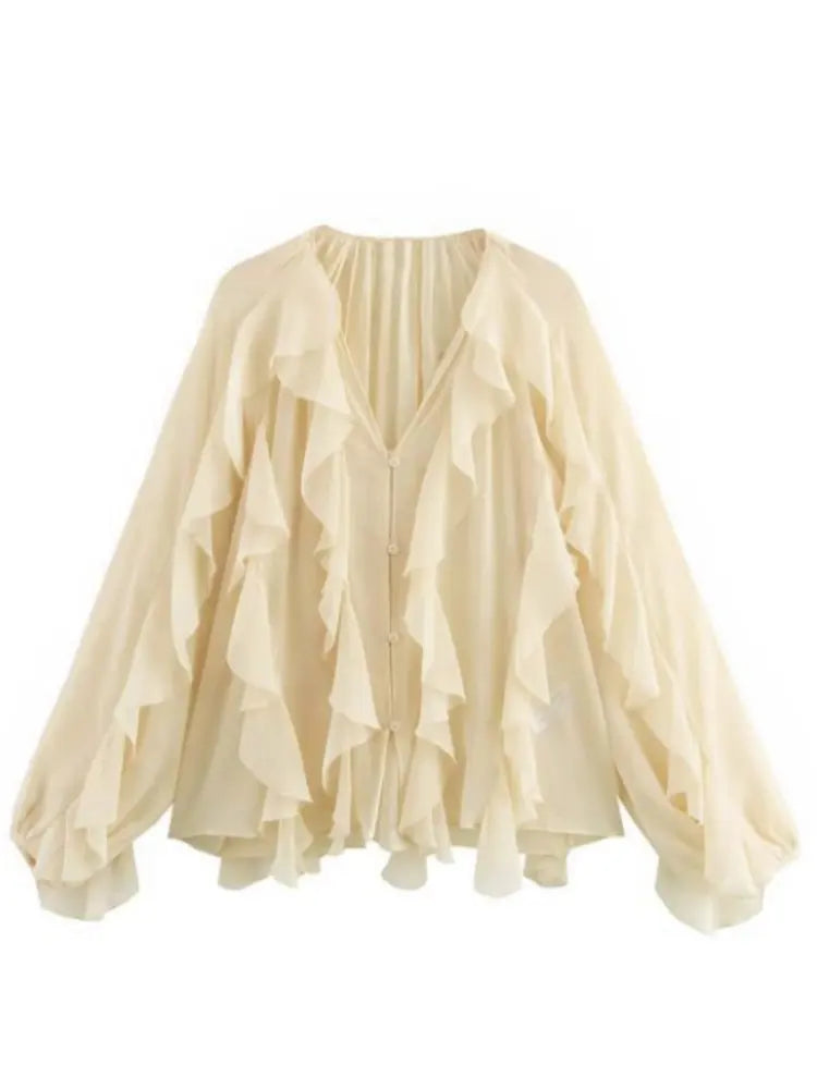 2026 Summer Chic Women's Elegant Loose Long Sleeve Layered Shirts Office Lady Vintage V-neck Translucent Tierred Ruffles Blouses