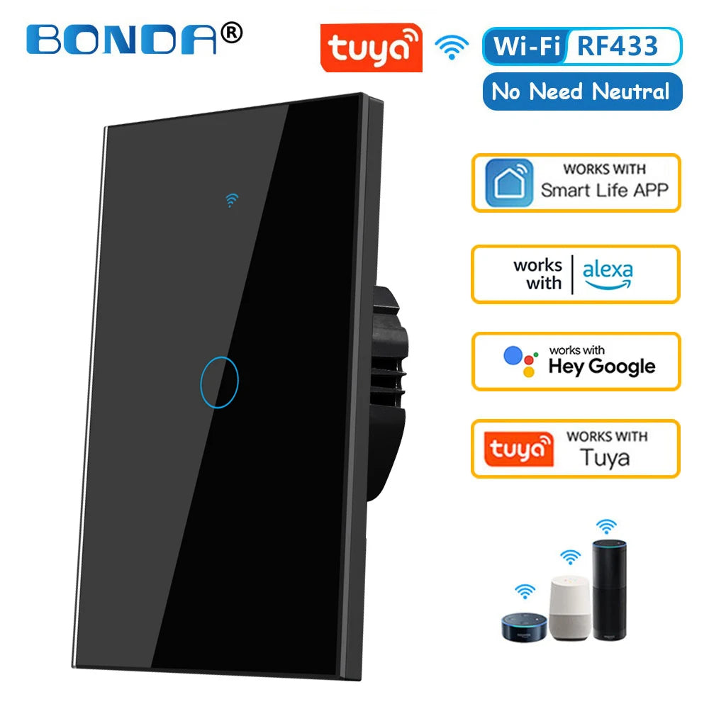 Tuya WiFi Smart Light Switch RF433 No Neutral Wire Required Wall Touch Sensor Switch Voice Control Work with Alexa Google Home 4