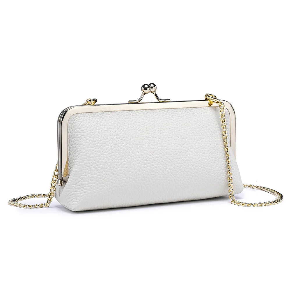 Women's Kiss Lock Clutch Bag, Top Grain Genuine Leather Wallet Large Capacity Travel Clutches with Detachable Chain Strap