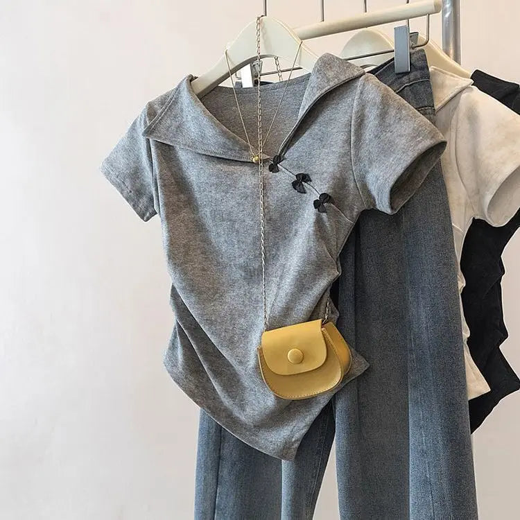 Spring and Summer Plus Size Women's New Design Notched Collar Waist-Cinching Slimming and Hiding Flesh Short-Sleeve T-Shirt