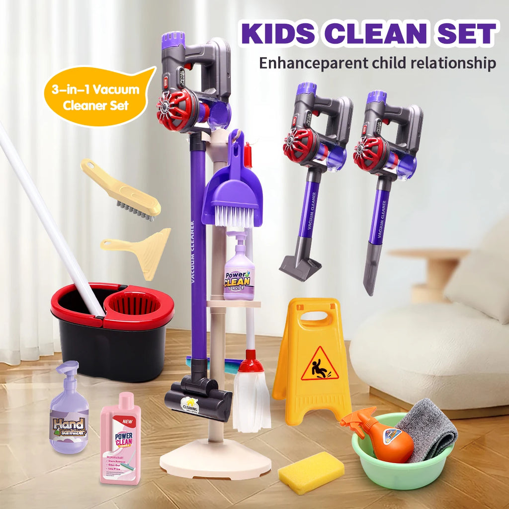 Kids Real Suction Cleaning Play Set with Storage Rack - 3-in-1 Electric Vacuum Cleaner & Pretend Cleaning Tools for Toddlers