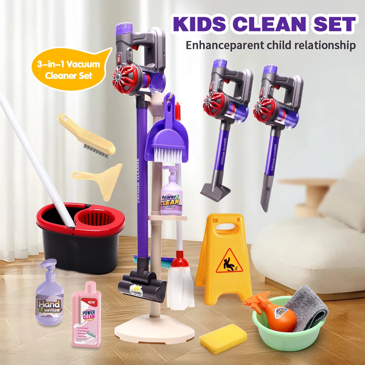 Kids Real Suction Cleaning Play Set with Storage Rack - 3-in-1 Electric Vacuum Cleaner & Pretend Cleaning Tools for Toddlers