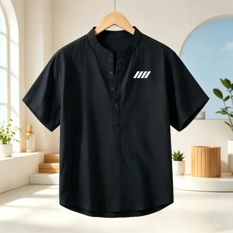 Men's cotton and linen Henry collar short sleeved shirt, geometric print breathable casual top, loose stand collar lightweight