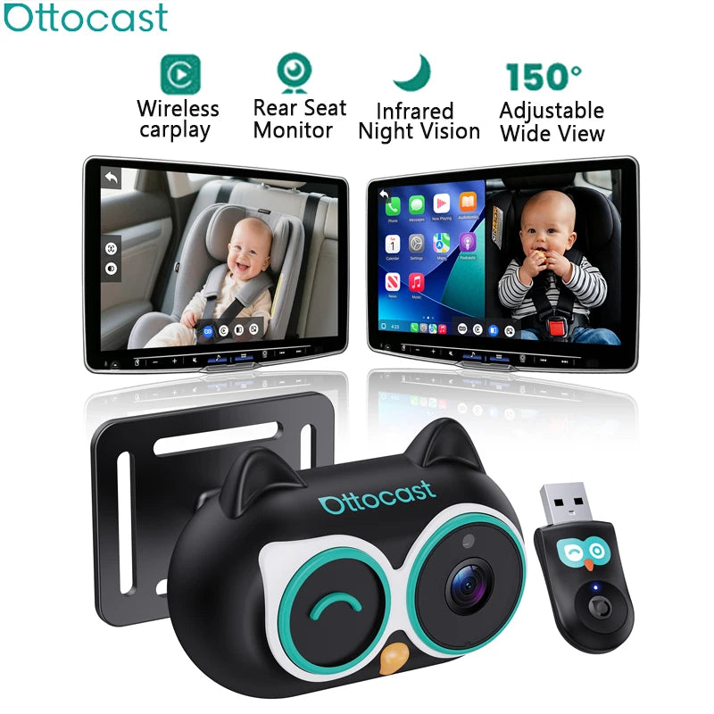 OTTOCAST Cabin Care Wired to Wireless Carplay Adapter Baby Car Camera HD 1080P 150° Wide Angle Night Vision Back‑Seat Monitor