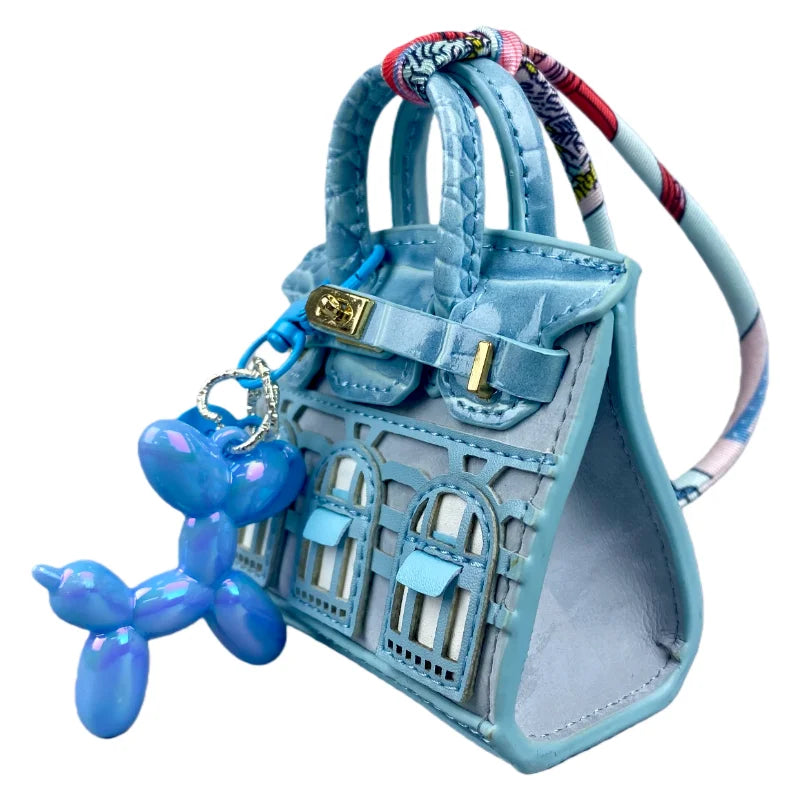 Handcrafted Mini House-Shaped Handbag with Puppy Keychain Suede Touch Bag Charm Purse Accessory for Earphones Coins Lipsticks