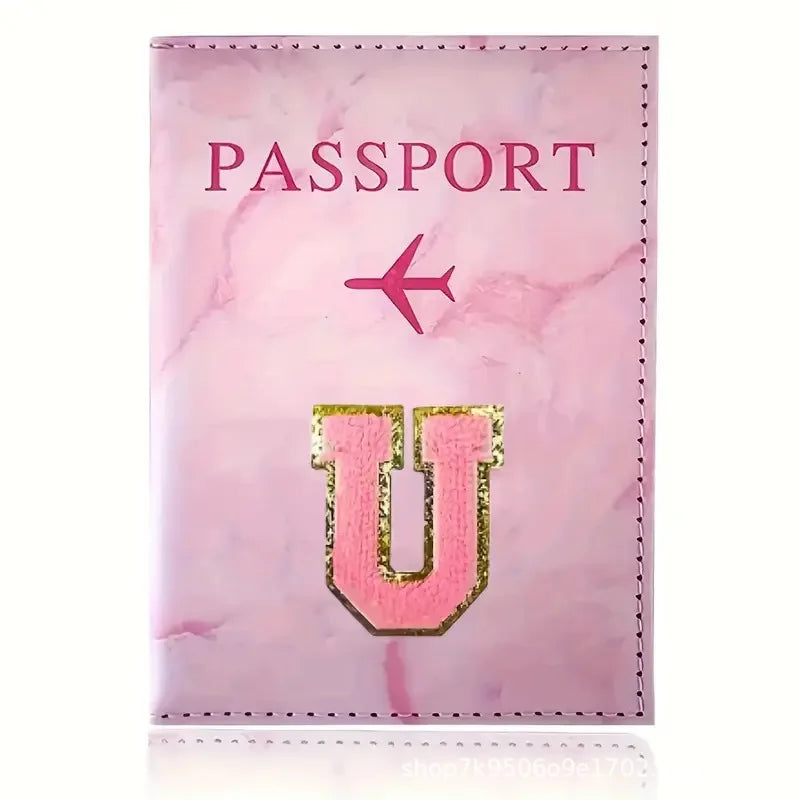 Pink PU Leather Passport Holder with Embroidery Label, Ticket & ID Credit Card Holder Cover, Travel Accessories
