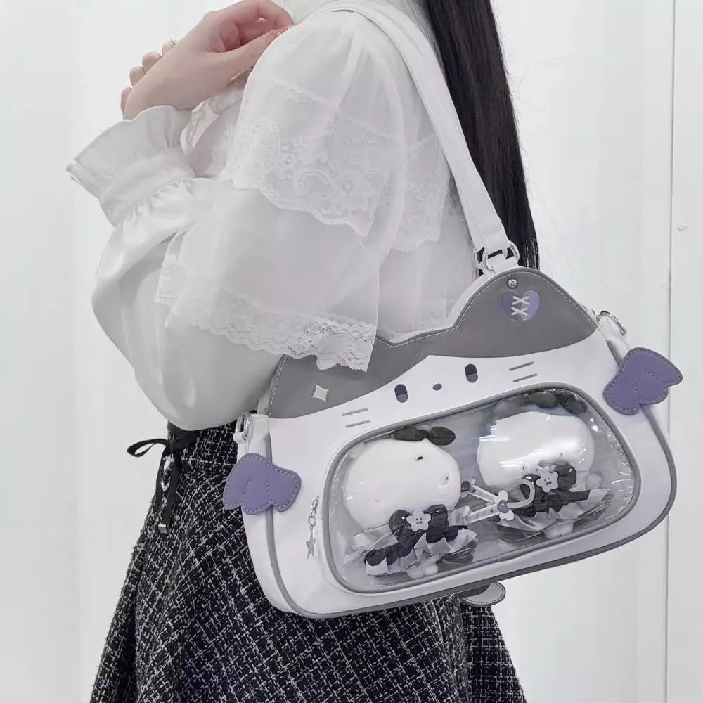 Zipper Bag Kawaii Cat Itabag Cotton  Bag PU Transparent Pocket Badge Storage Bag Small Item Bag Fashion Backpacks Outdoor