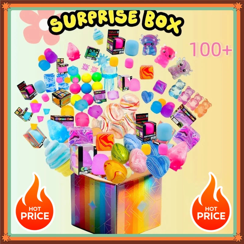 oo 100+Pcs Surprise Box Toys Novelty Stress Relief Assorted Squishy Figures Blind Box Fun Mystery Fidget  Stress Relief Surprise
