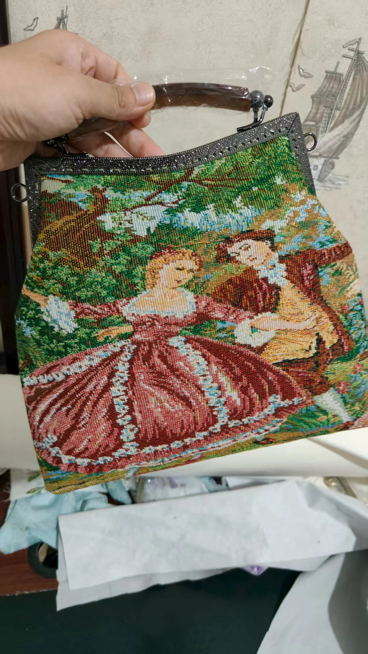 Lost in Vintage 1950s Tapestry Figural Purse Aubusson Clutch Figural Bamboo Handle Bag Vibrant Scenic and Romantic Figures Lamb
