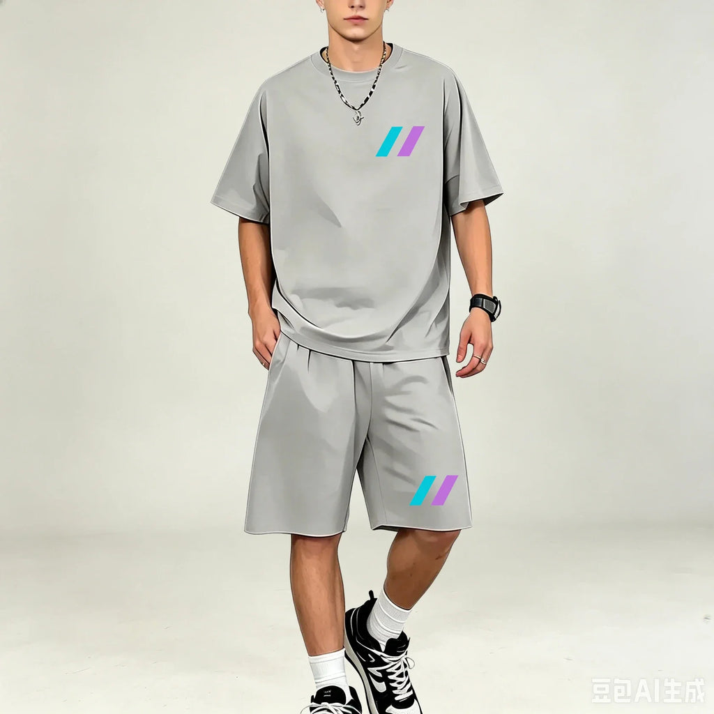 Men T‑Shirts Sets 2‑Piece Suits Relax‑Fit Short‑sleeve Tee And Pocket‑Shorts Sets Breathable Street‑Style T‑Shirts Sets For Guys