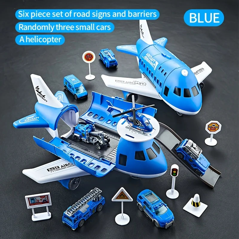 Children's Airplane Car Toy, Inertial Airplane Model, Equipped with 6 Road Signs Random 3 Cars 1 Helicopter, Christmas Gift