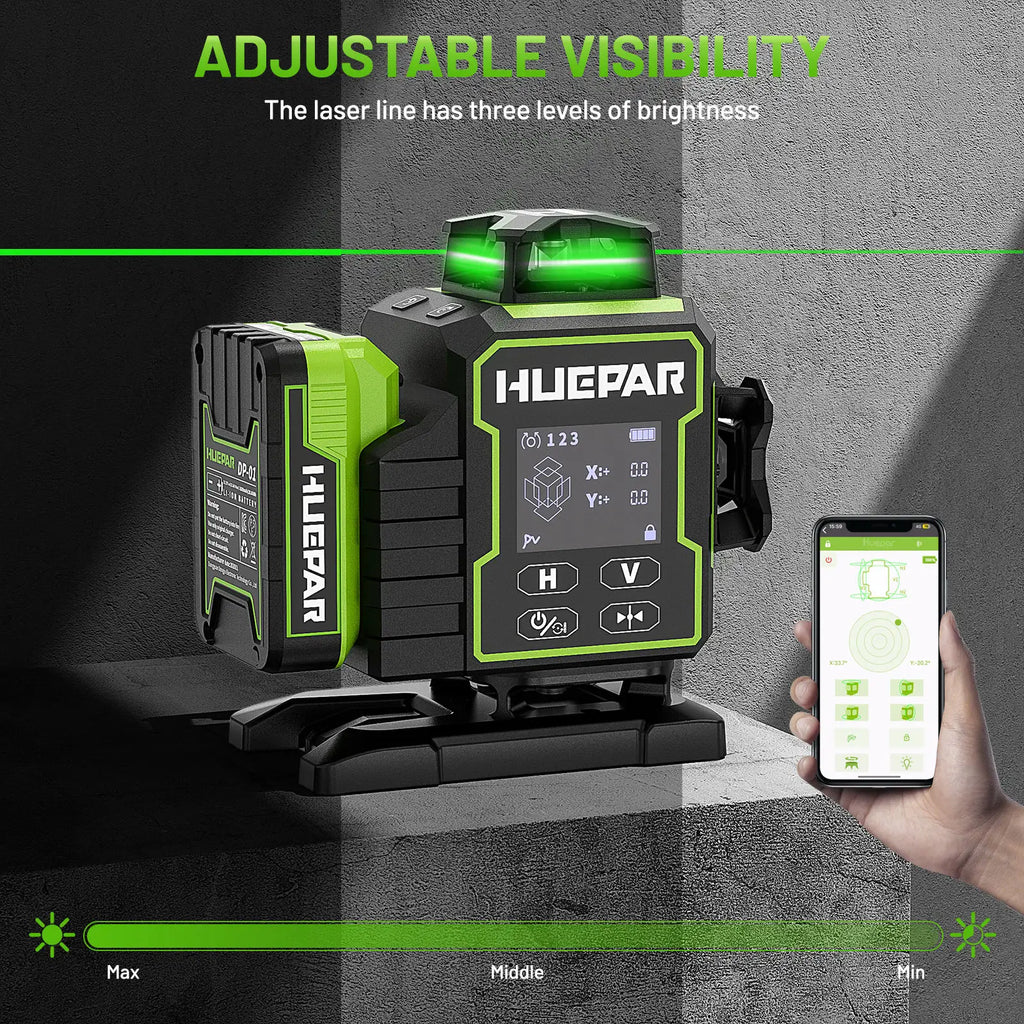 Huepar W04CG 16 Green Lines 4D Self-leveling Remote & Bluetooth Control Laser Level with LCD Touch Panel