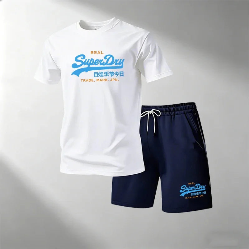 Summer Street Fitness Men's T-Shirts Sets Short Sleeve T-Shirt + Shorts Quick Dry Breathable Round Neck Running Suit Hot Sale