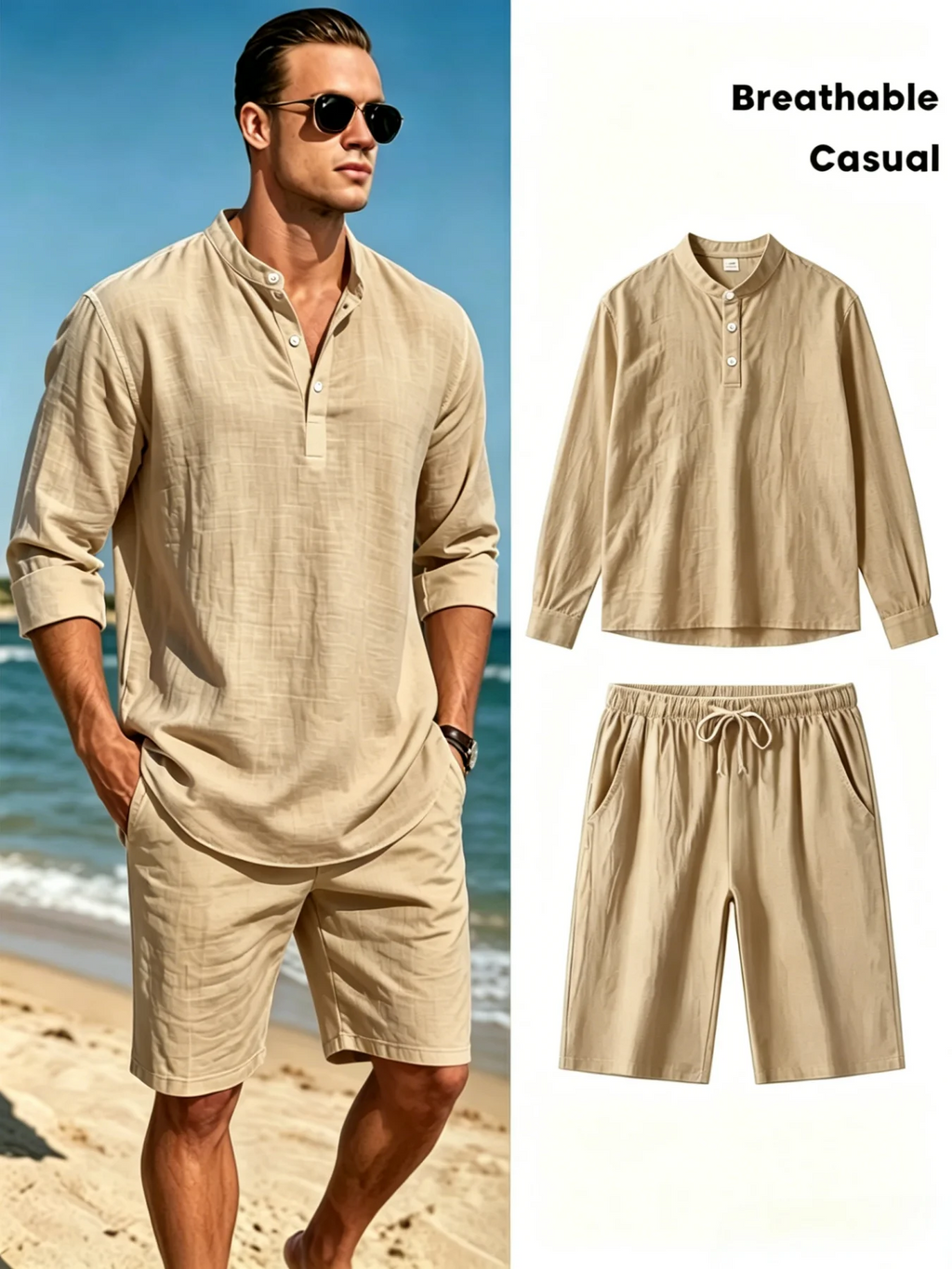 Men's Cotton Linen Henley Shirt and Shorts Set Breathable Casual Two Piece Outfit with Drawstring Shorts for Summer Beach