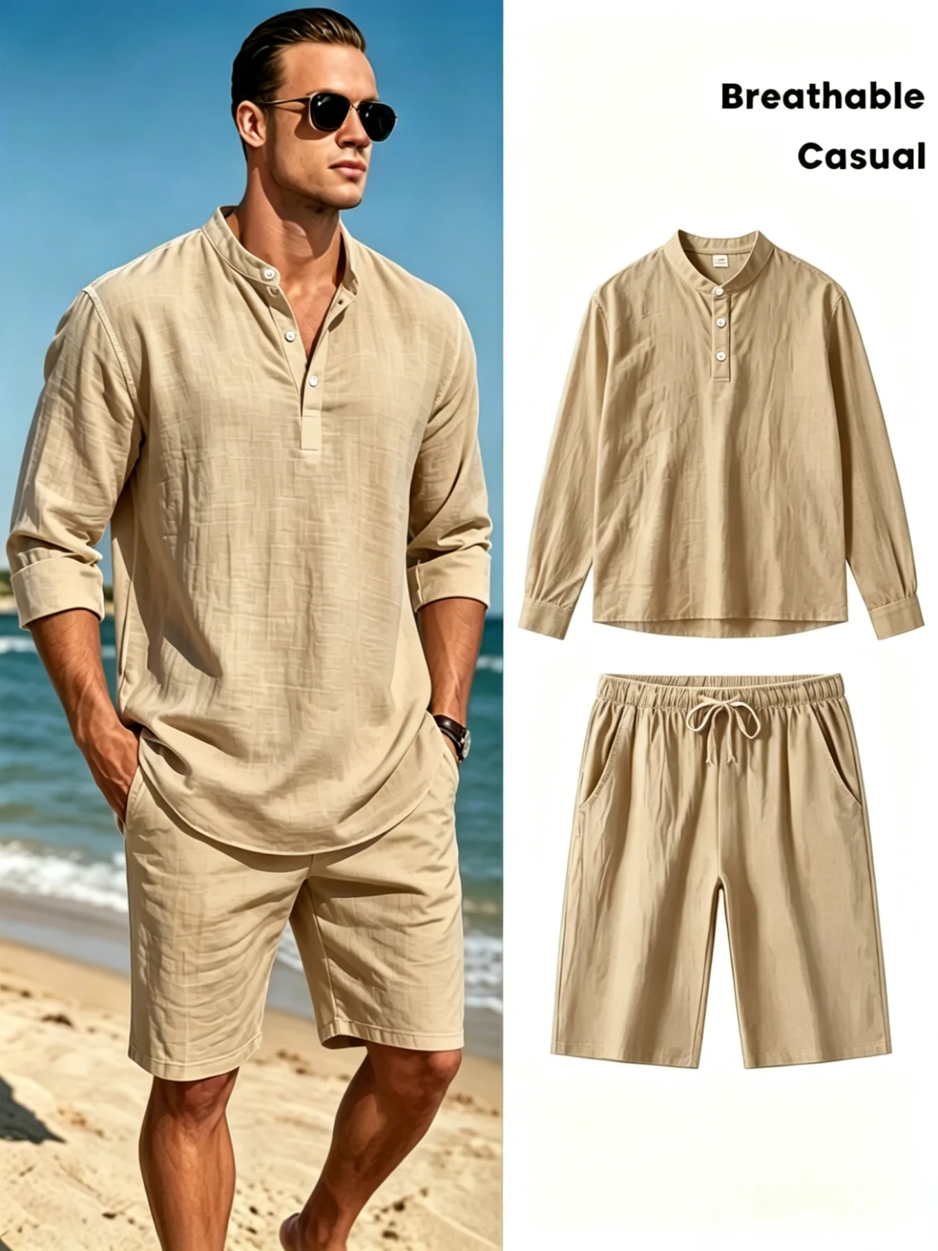 Men's Cotton Linen Henley Shirt and Shorts Set Breathable Casual Two Piece Outfit with Drawstring Shorts for Summer Beach