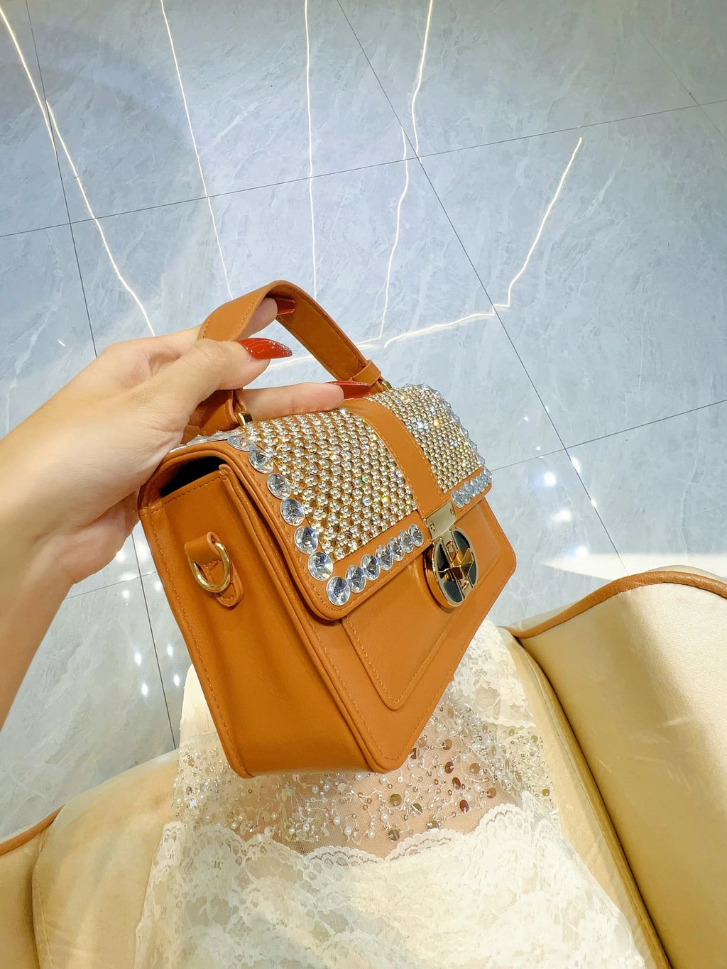 Fashion Textured PU Square Bag Crystal Rhinestones Diamond Women's Handbag Shoulder Messenger Bag Lady Purse Female Casual Bag
