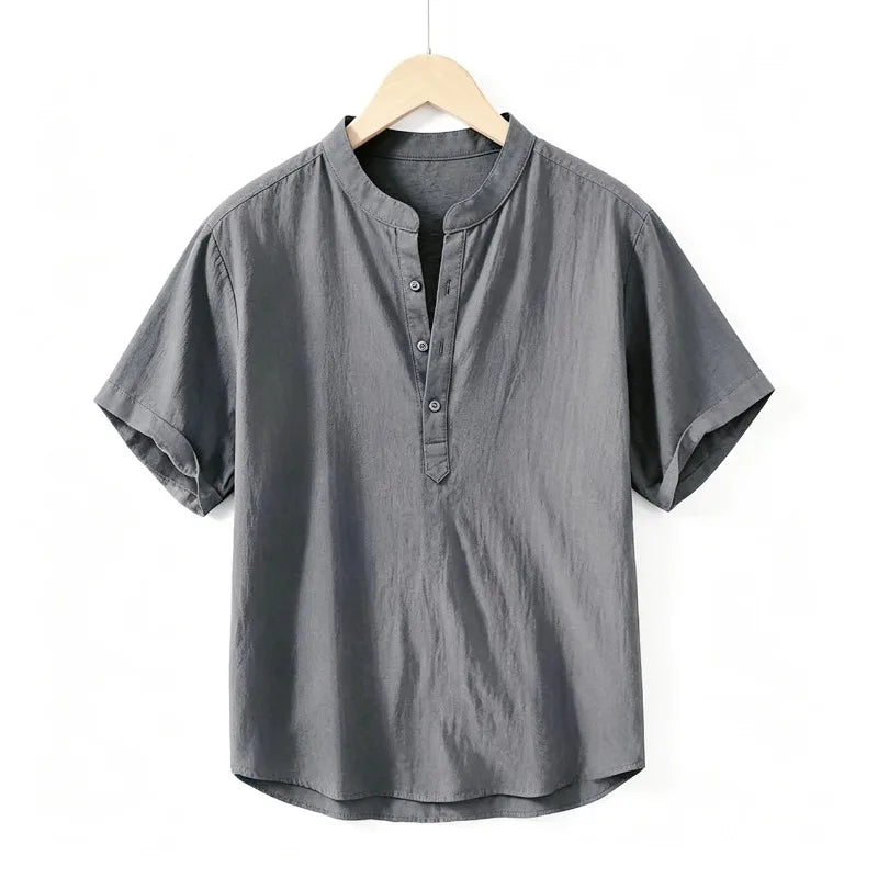 2026 summer cross-border men cotton and polyser stand collar short sleeved shirt loose casual Henley shirt for men