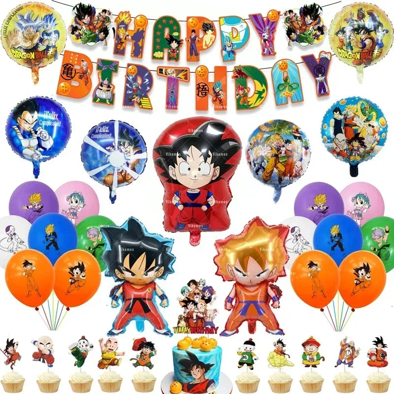 Dragoned Ball Z Balloons Happy Birthday Banner Goku Vegeta Ballons Party Decoration Plate Disposable Tableware Cake Topper Toy