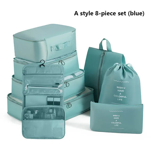 9Pcs Travel Packing Cubes Set Waterproof Luggage Organizer with Drawstring Pouches for Clothes Shoes Cosmetics Underwear - Suitc